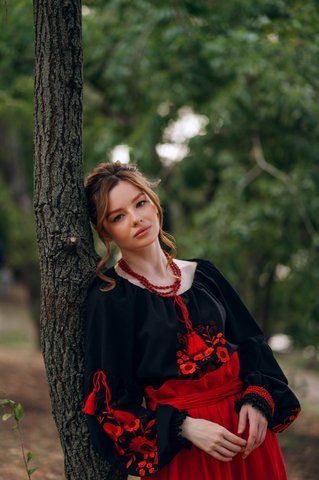 Приваблива чорна вишиванка з яскравою червоною вишивкою БЛ-026001 фото