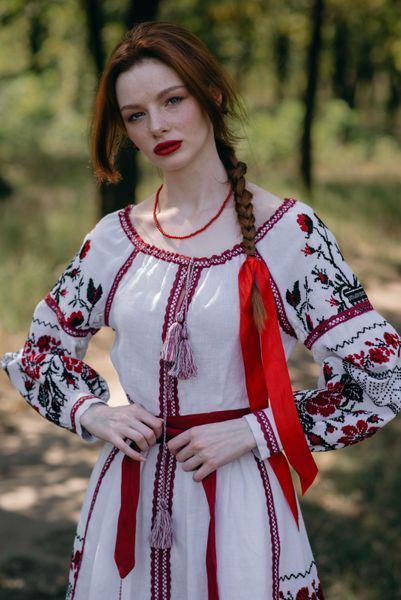 Сукня білий льон, хрестова вишивка червоним| ПЛ 7700751 ПЛ 7700751 фото